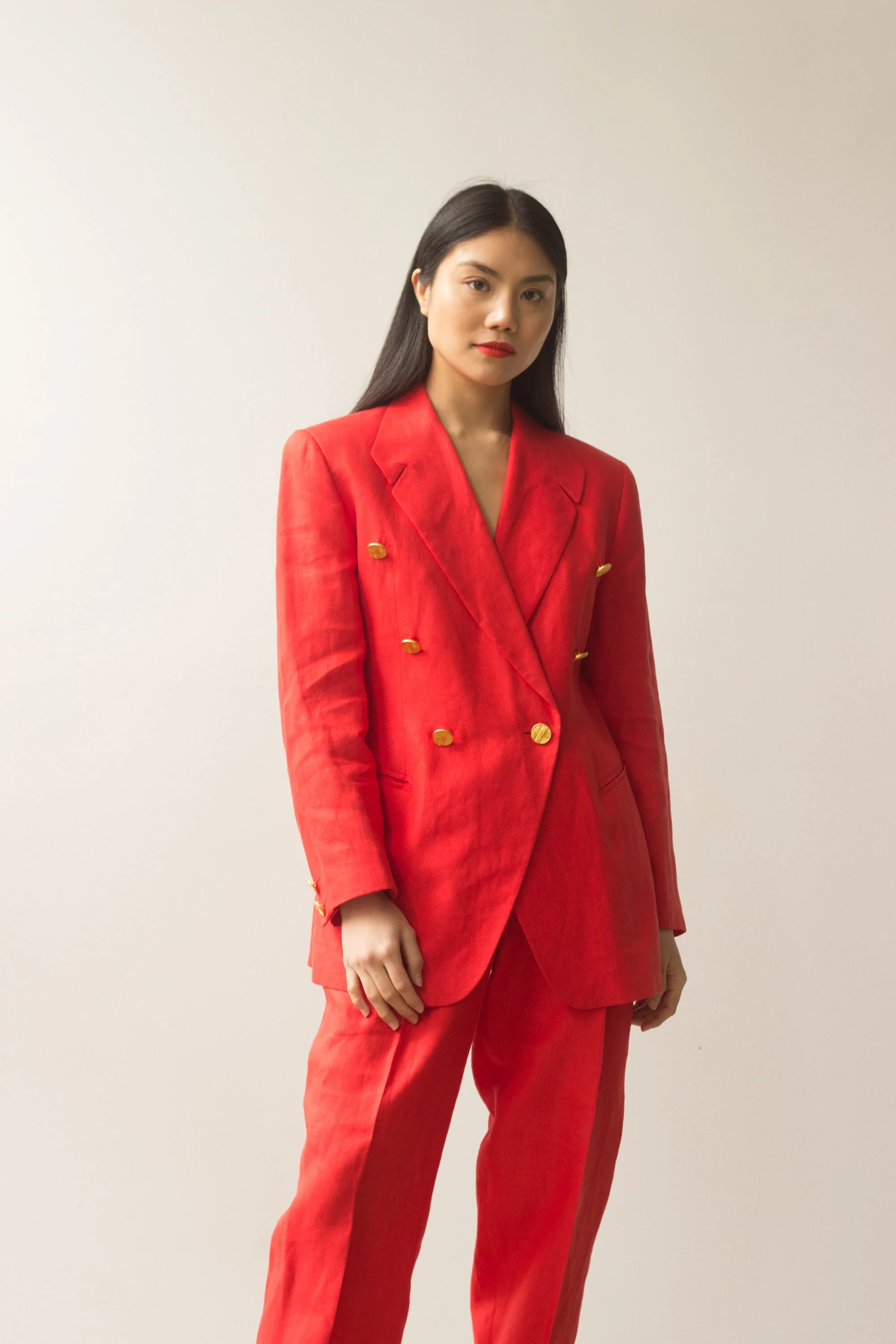 1980s ESCADA Flame Red Linen Suit with Gold Buttons — Wayward